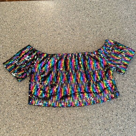 SAY WHAT? Off Shoulder Sequin Sparkle Crop Top - Picture 7 of 9